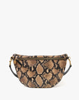 The Clare Vivier Grande Fanny S26 is a half-moon crossbody bag in brown and black snakeskin with a front zipper and black strap featuring gold hardware, shown against a white background.
