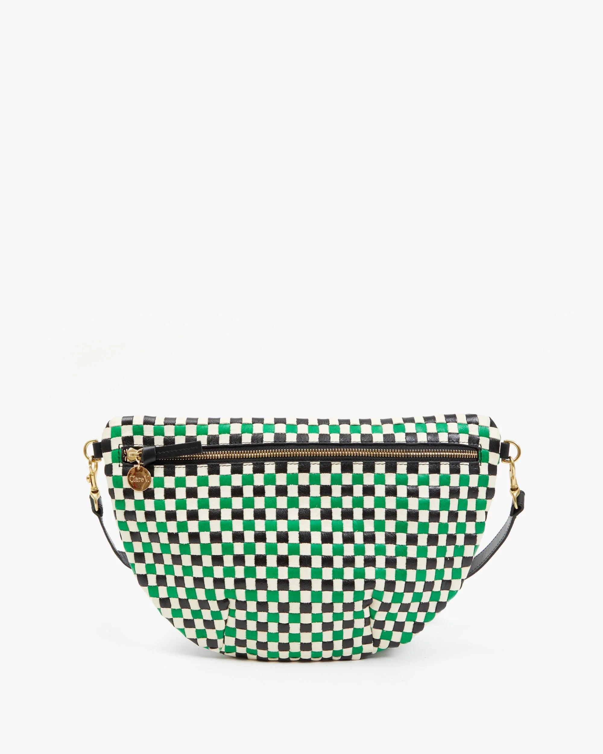 The Grande Fanny S25 by Clare Vivier is a handwoven leather bag featuring a green, black, and white checkerboard pattern, gold zipper, and black adjustable strap, displayed on a plain white background.