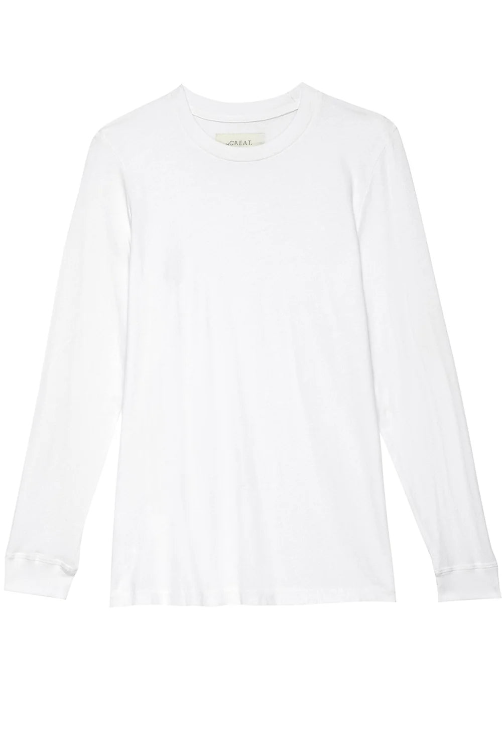 The LS Slim Tee by The Great Inc., a plain white long-sleeve cotton crewneck t-shirt, is laid flat against a white background.