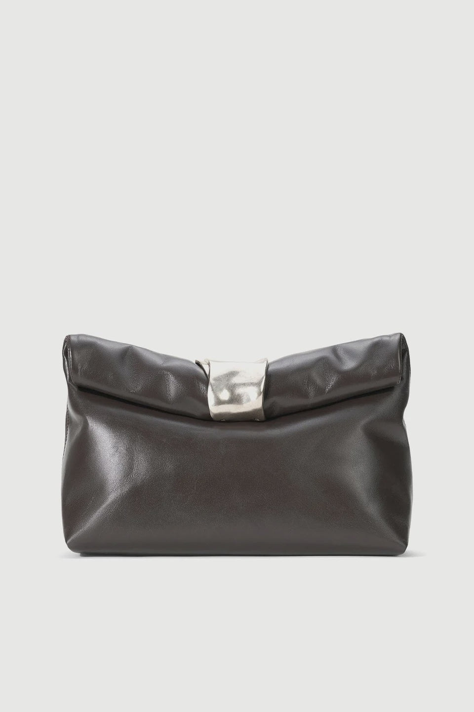 Dark brown leather Staud Cuff Clutch with silver clasp on white background, Bungalow Furniture &amp; Accessories.