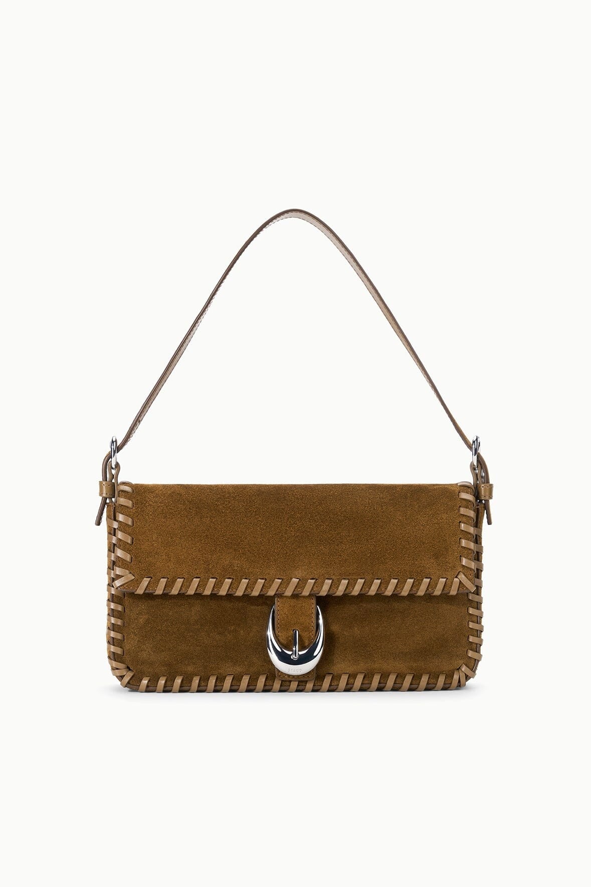 Brown suede shoulder bag with top handle, decorative stitching, silver clasp; Staud Harlow Bag at Bungalow Furniture.