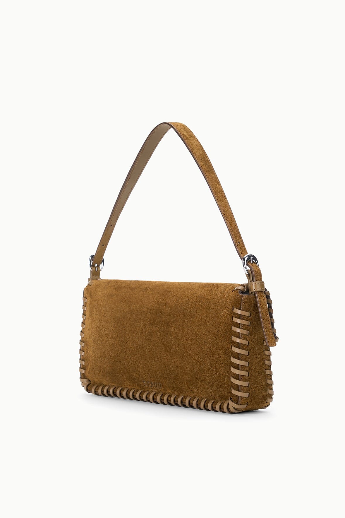 Brown suede Staud Harlow Bag with short strap and stitched edge on a white background.