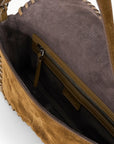 Open brown suede Staud Harlow shoulder bag with stitched edge, zip pocket, and soft suede lining.