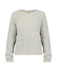 The Hallie Sweater by AMO Denim is a light gray alpaca knit with long sleeves, a ribbed crew neck, and a relaxed boxy fit. Subtle vertical ribbing adds texture throughout the body and sleeves.