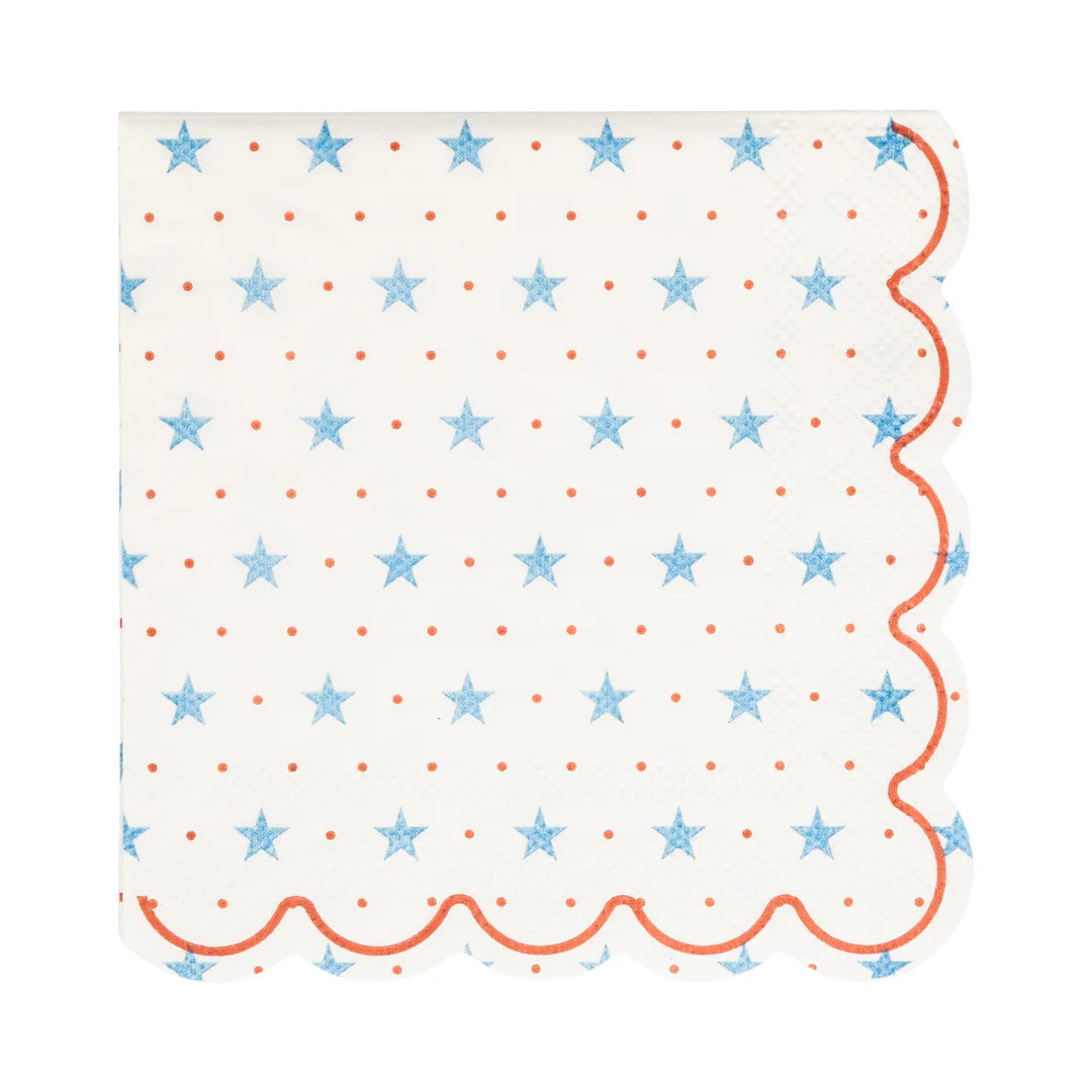 The My Mind's Eye Cocktail Paper Napkin features a white background, scalloped red-edged border, small red dots, and blue stars—making it ideal for summer barbeques and festive gatherings.