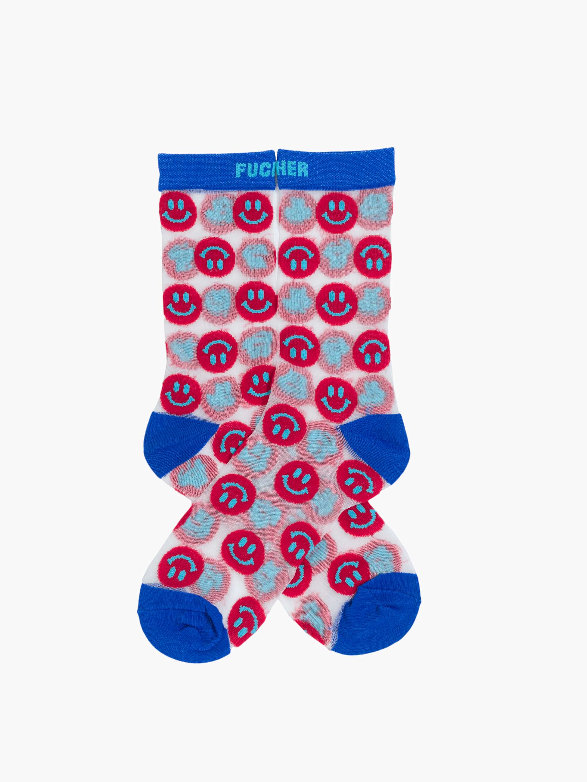 The Step Up Sock by Mother: Tube socks with pink and white smiley faces on a light blue background, featuring bright blue toes, heels, and cuffs. Black stars add a playful touch.