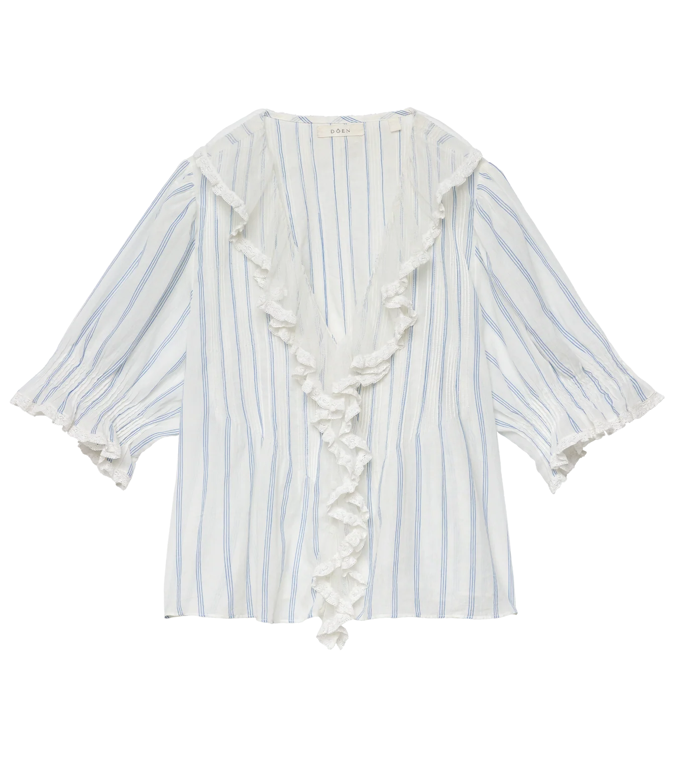 The Henri Top by DOEN is a white organic cotton voile blouse with light blue vertical stripes, a deep V-neckline with ruffled trim, and loose elbow-length sleeves finished with ruffled cuffs.