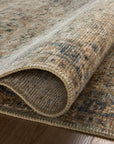 A close-up of a rolled-up Sage / Navy rug by Loloi Rugs in a Scottsdale Arizona bungalow, highlighting its texture and intricate design.