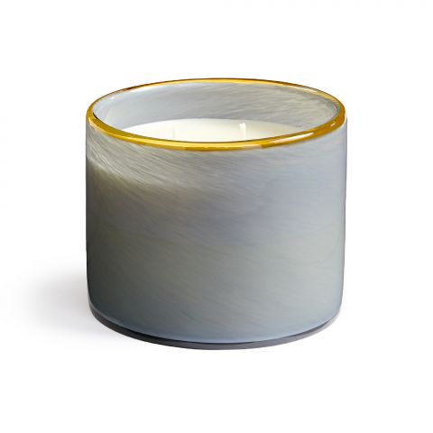 The Beach House Candle by Lafco NY features white soy wax in a cylindrical, hand-blown glass vessel with a glossy gray finish and a thin yellow rim, displayed against a plain white background.