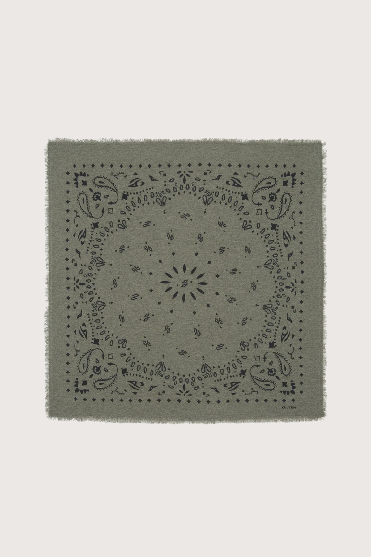 Khaki chine bandana with black paisley and floral print, frayed edges by KUJTEN, machine washable.