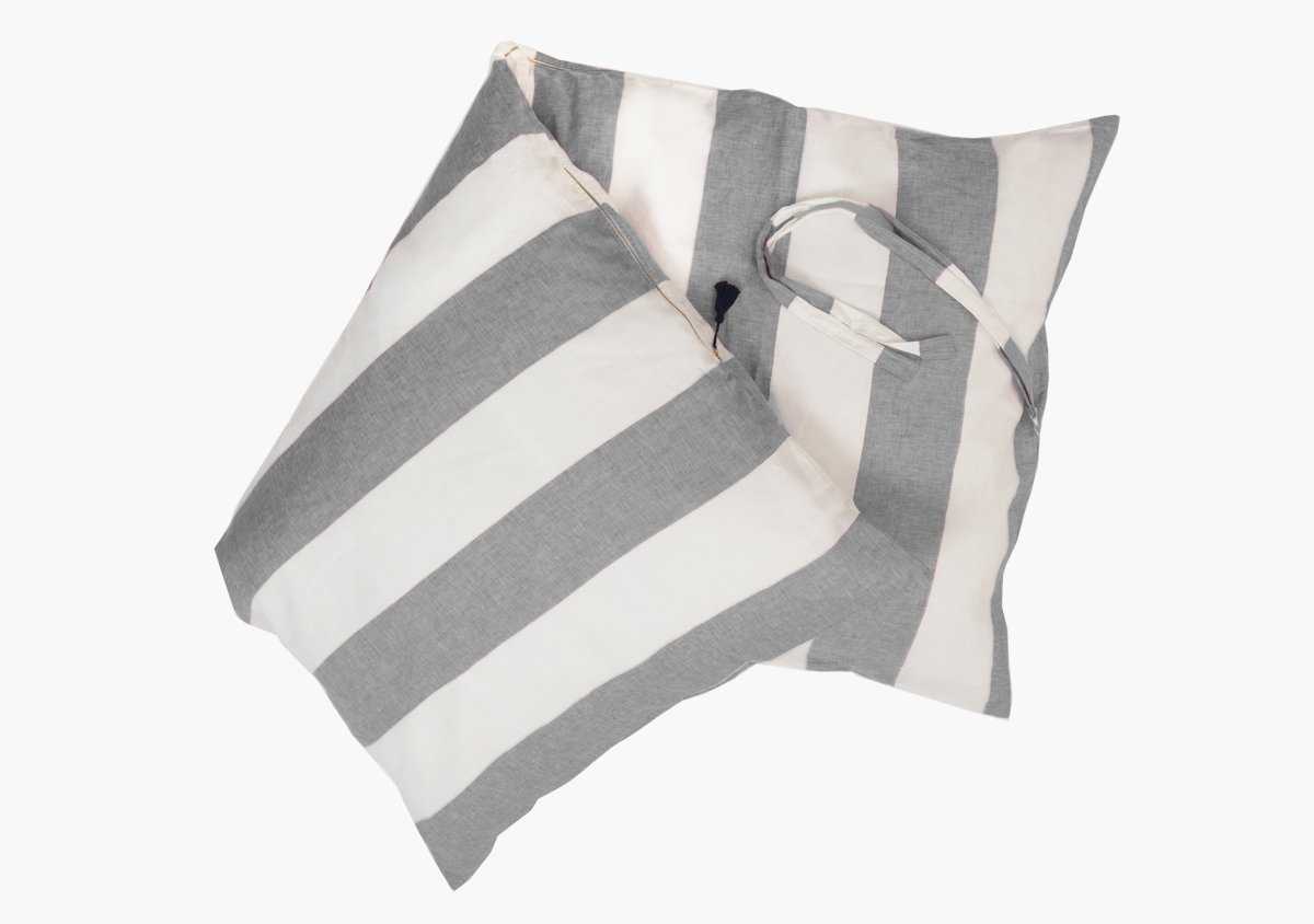 Two Hedgehouse Throwbed square pillows with wide horizontal gray and white stripes, featuring cotton removable, machine-washable covers, are stacked against a plain white background.