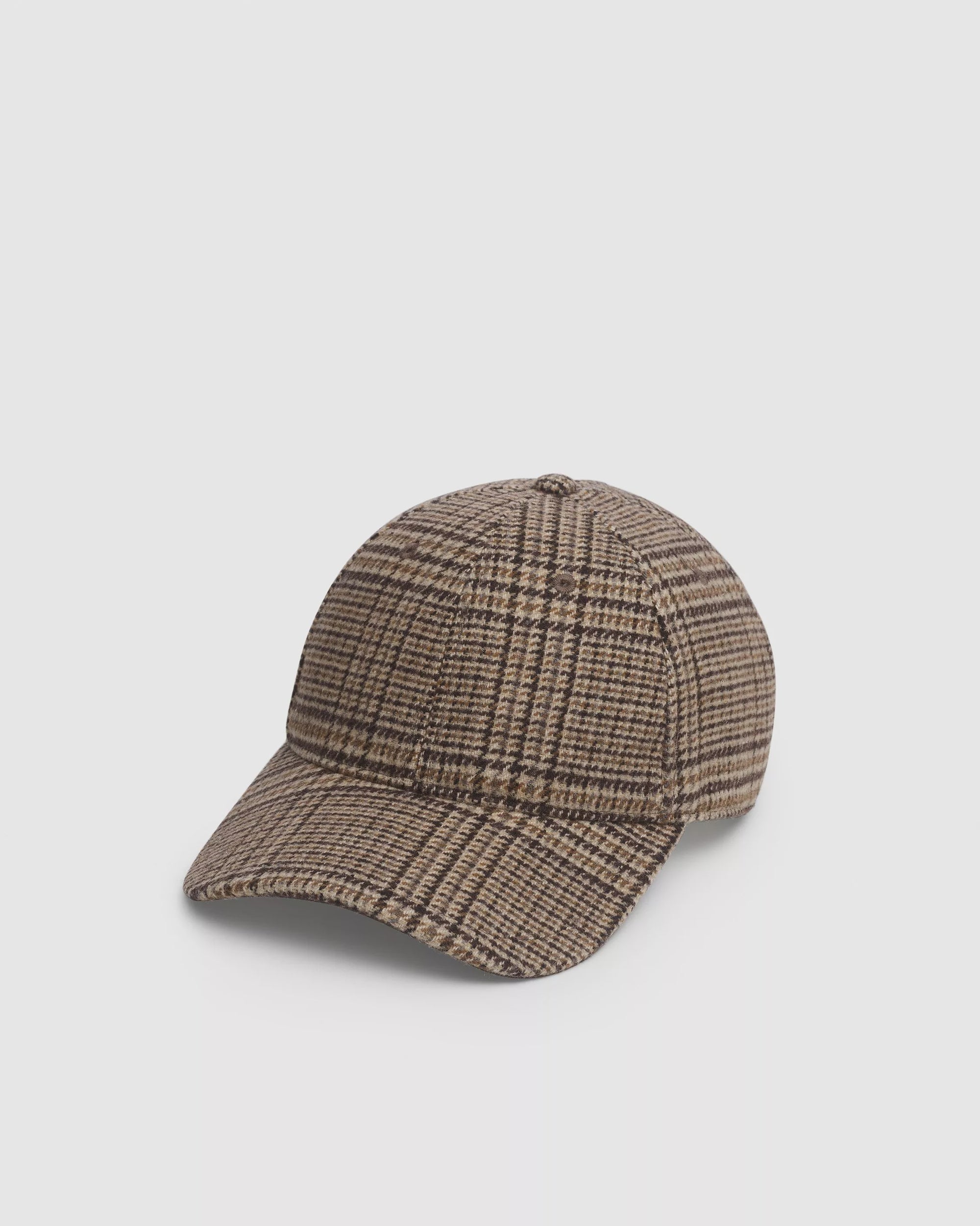 The harlow baseball cap by Rag & Bone is a brown plaid wool hat with a curved brim and leather strap, shown on a plain white background.