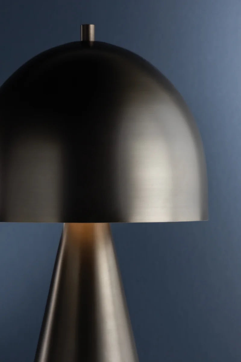 The Hudson Valley Hopkins Rechargeable is a modern metallic LED lamp with a dome-shaped mushroom shade and conical base, showcased against a dark blue background.