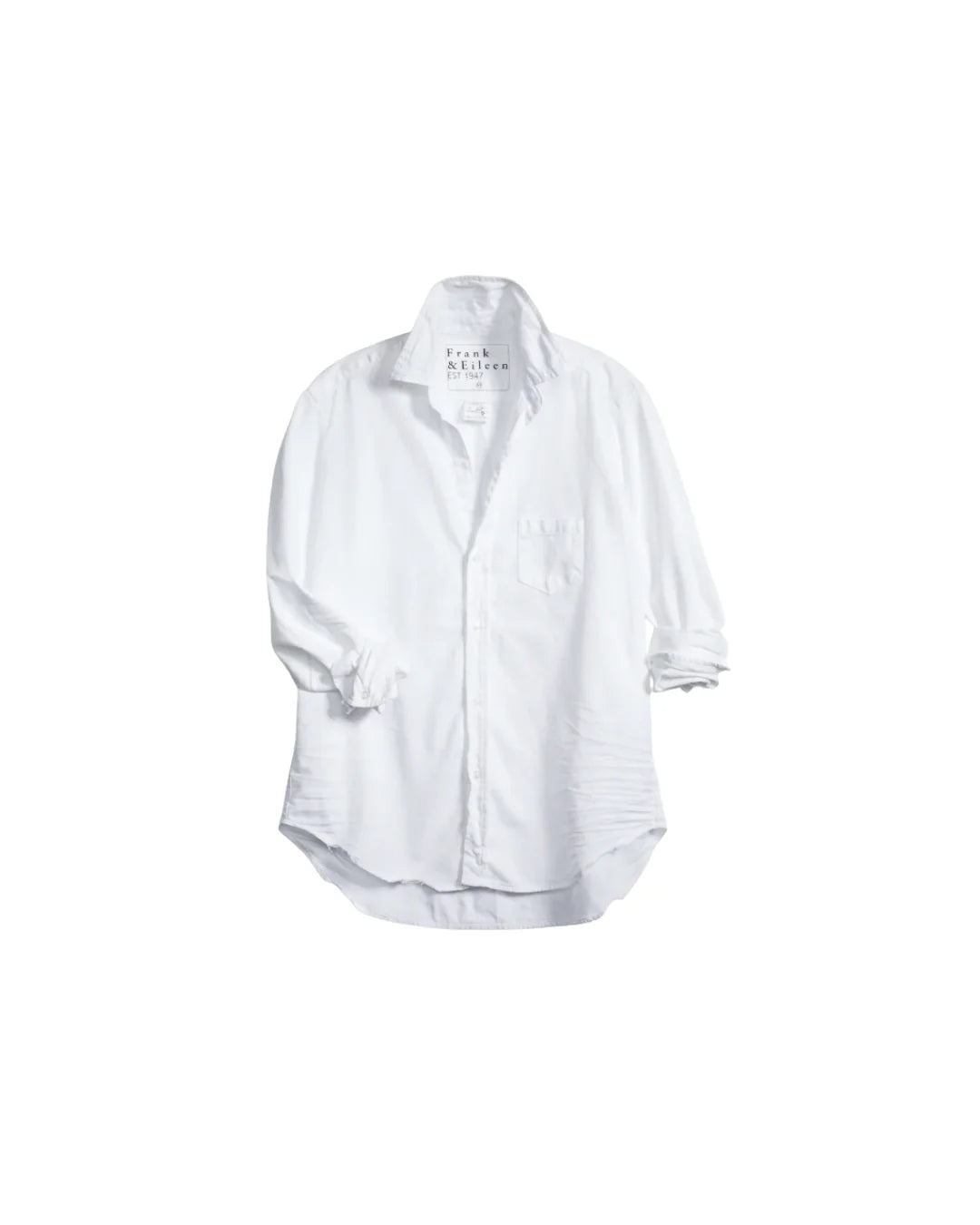 The Shirley Tattered Denim by Frank & Eileen is shown against a plain white background with sleeves slightly rolled and an unfolded collar, offering a relaxed fit that's perfect for effortless casual California style.