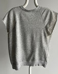 The product on display is a gray "80s USMC Short Sleeve Sweatshirt" by Red Vintage Co., showcased on a mannequin against a plain background. This shirt features raglan sleeves and offers a relaxed fit, crafted from soft fabric with a subtly distressed finish for an authentic vintage vibe.