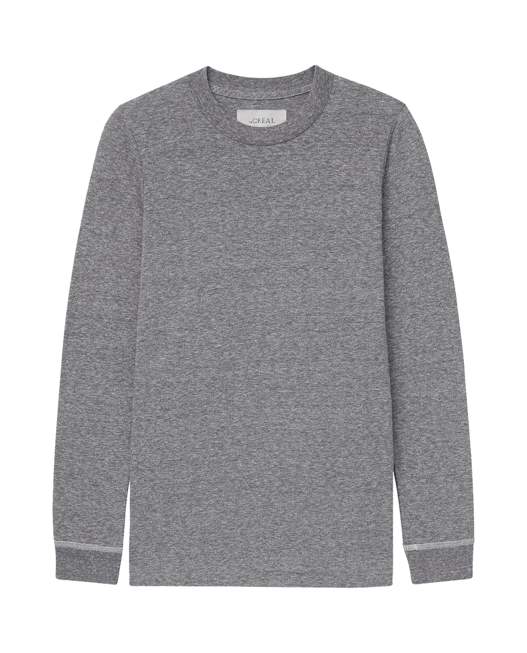 Heather grey long sleeve slim tee with crew neck, 100 cotton by The Great Inc., made in USA, laid flat.