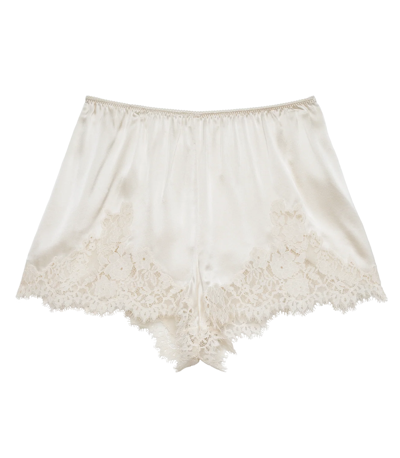 The Iona Short by DOEN features cream-colored silk satin, a high waist, delicate floral lace trim at the hem, a loose fit, and an elastic waistband for comfort.