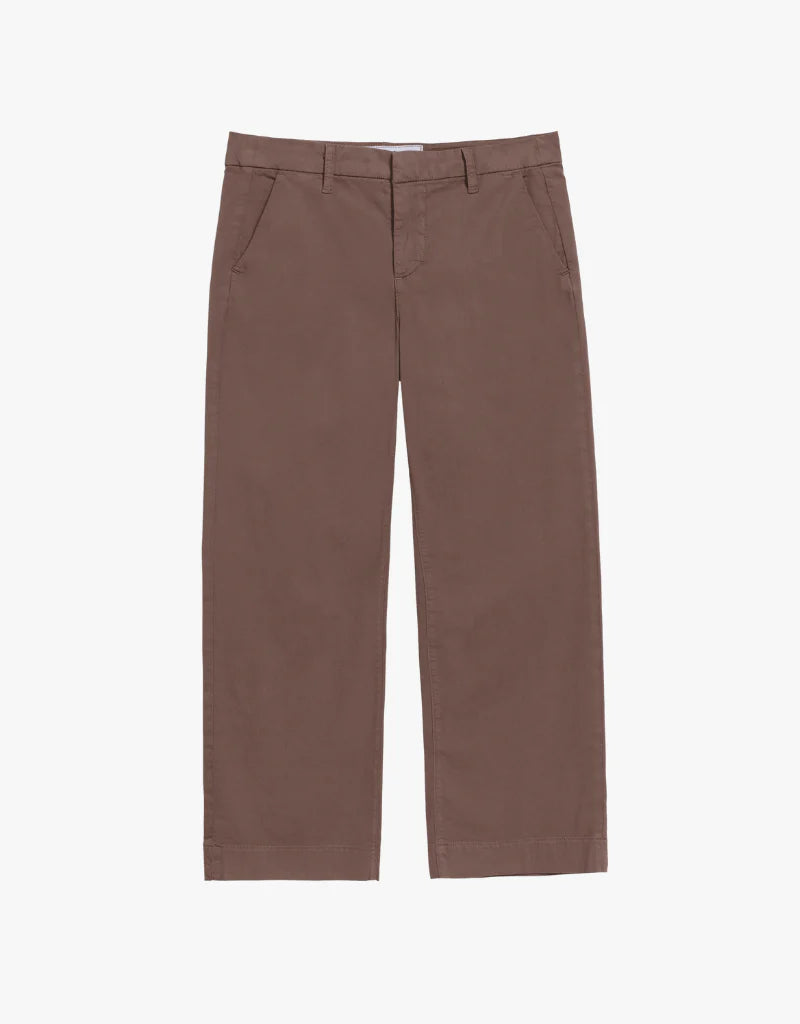 Frank & Eileen's Westport Italian wide leg chinos, in brown with front pockets, belt loops, and button closure, are laid flat on a white background.