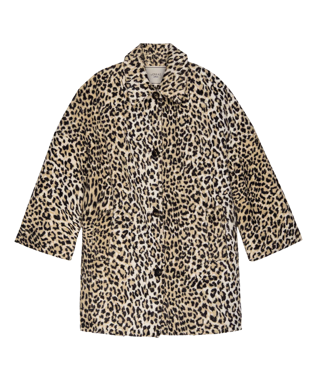 The Car Coat by The Great Inc. is a long-sleeve, knee-length midcentury coat with a classic collar and button-down front, made from crushed faux fur leopard print in beige, brown, and black.