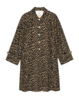Dark leopard print trench coat with buttons, wide sleeves, pockets, and A-line shape by The Great Inc.