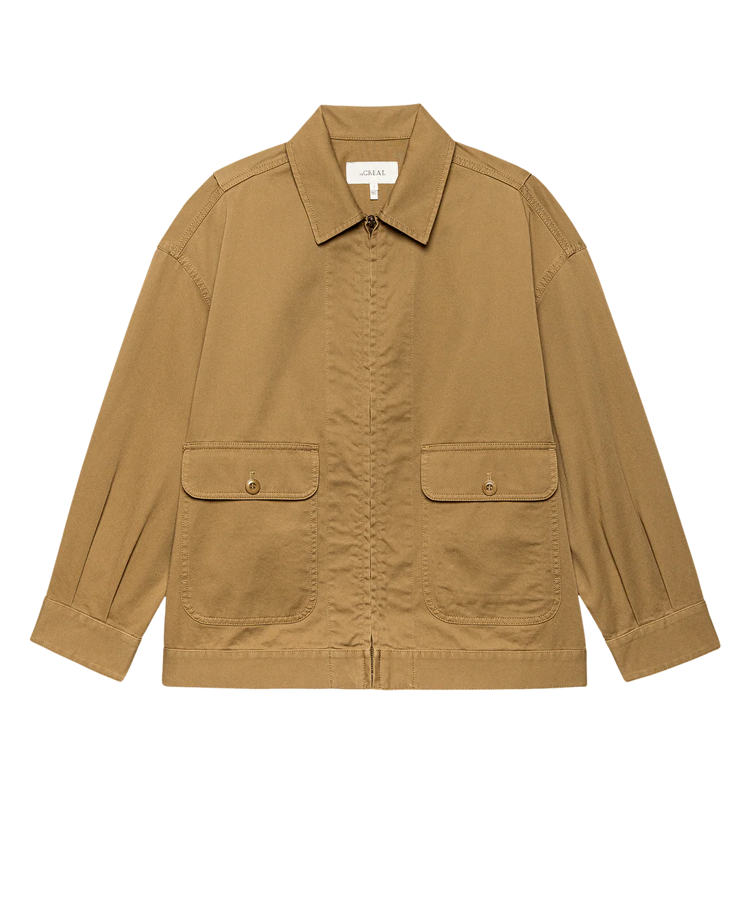 The Great Inc. Folsom Jacket is a khaki, long-sleeve cotton twill jacket with a collar, front zipper, and two large button-flap pockets—channeling classic 1940s workwear style.