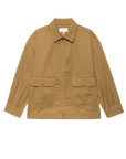 The Great Inc. Folsom Jacket is a khaki, long-sleeve cotton twill jacket with a collar, front zipper, and two large button-flap pockets—channeling classic 1940s workwear style.