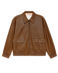 The Great Inc. "The Flight Jacket" is a brown, vintage-inspired lamb leather jacket with a front zipper, two large snap-button flap pockets, a shirt-style collar, and ribbed cuffs and hem, shown on a plain white background.