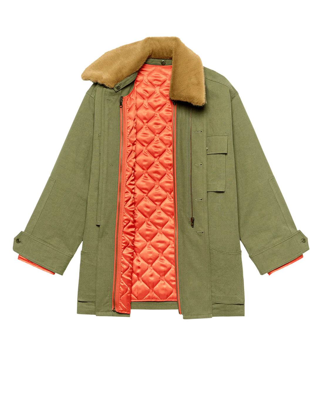 The Great Inc.'s Quilted Liner Parka is an olive green vintage-inspired jacket with a removable faux fur collar, bright orange quilted lining, multiple exterior pockets, and is displayed open to showcase its interior design.