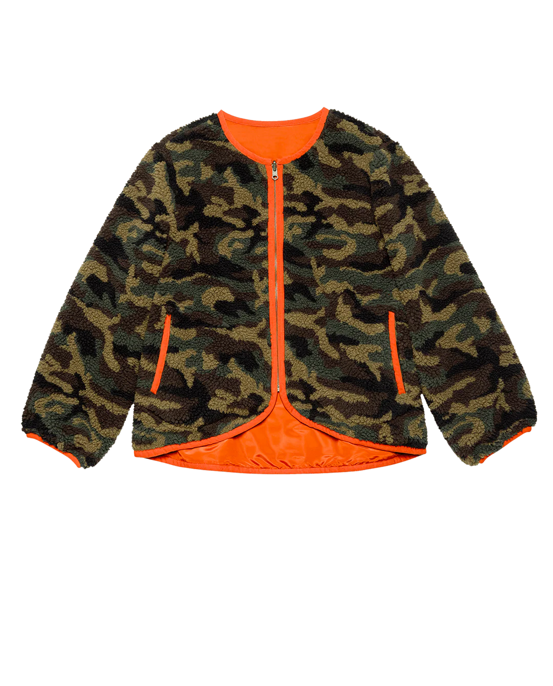 The Great Inc. Reversible Plush Bomber features a camo-patterned faux fur exterior, bright orange lining and trim, vintage military-inspired design, long sleeves, and two side pockets.