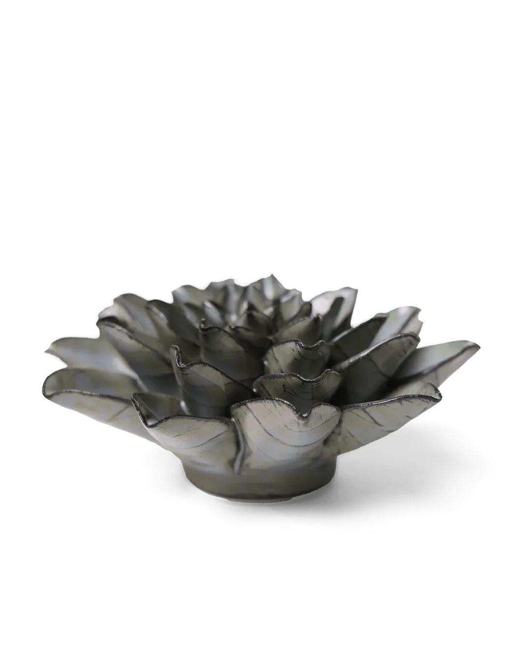 The Goyet Azalea Grey by Chive Ceramics (thru Faire) is a metallic lotus-shaped decorative bowl with layered curved petals and a polished finish, ideal for pairing with floral decor or ceramic flower wall hangings. Displayed on a plain white background.