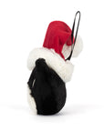 The Jellycat Jack Decoration by Jelly Cat Inc. is a black and white plush ornament wearing a red and white Santa hat with a black hanging loop—perfect as a festive cat Christmas decoration against a white background.