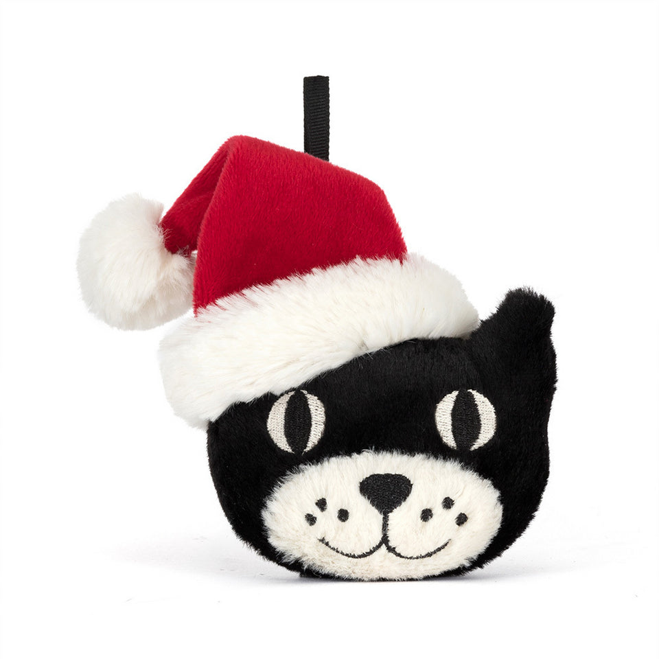 The Jellycat Jack Decoration by Jelly Cat Inc. is a plush black cat face ornament with white eyes, a smiling mouth, and a red-and-white Santa hat—purr-fect for adding feline festive charm to your Christmas décor!.