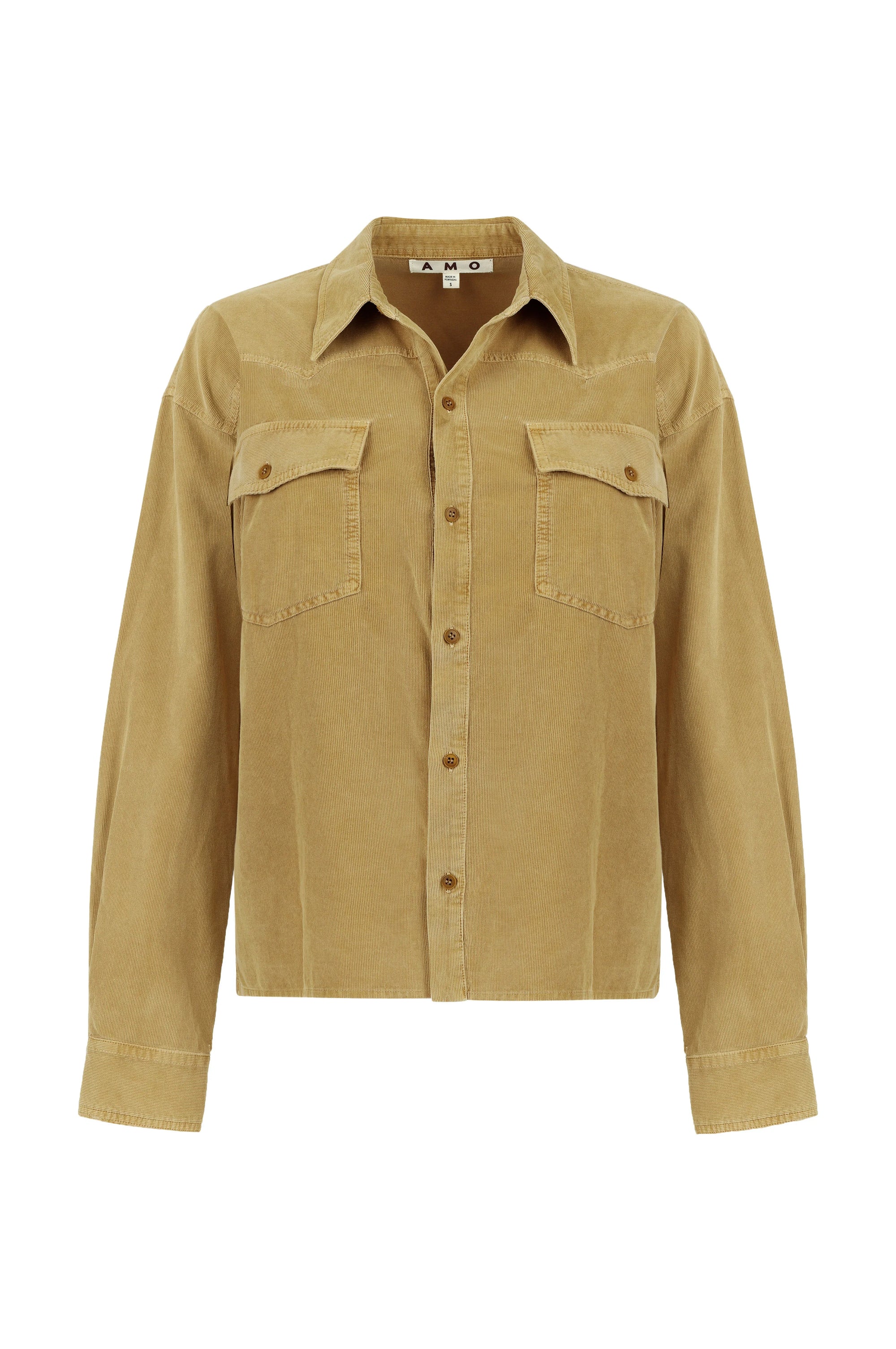 The Jenn Shirt by AMO Denim is a tan corduroy shirt made from organic cotton, featuring long sleeves, a collar, and two classic western-style chest pockets.