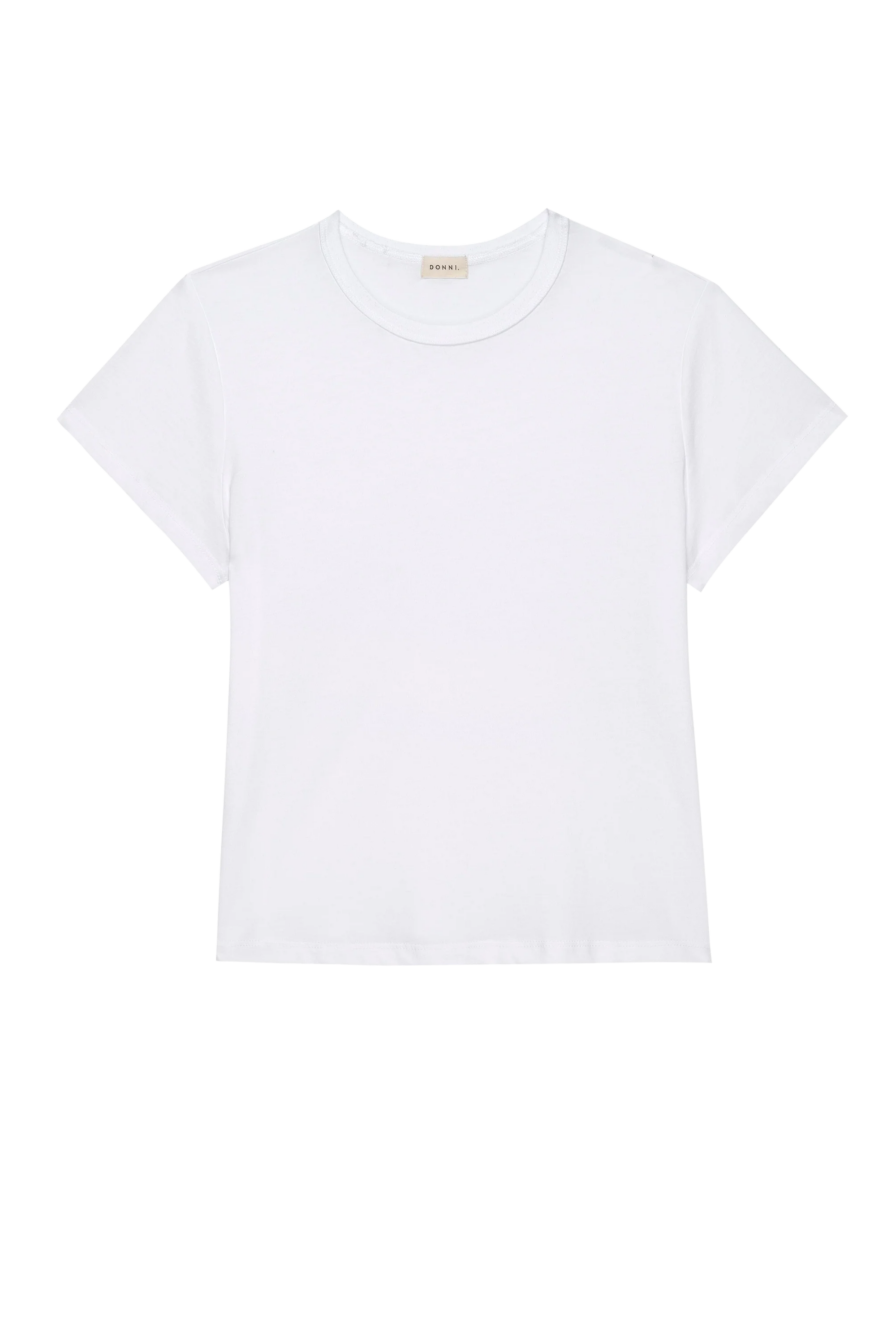 The Donni Jersey Tee, a plain white Supima cotton crewneck short-sleeve t-shirt, is laid flat on a white background.