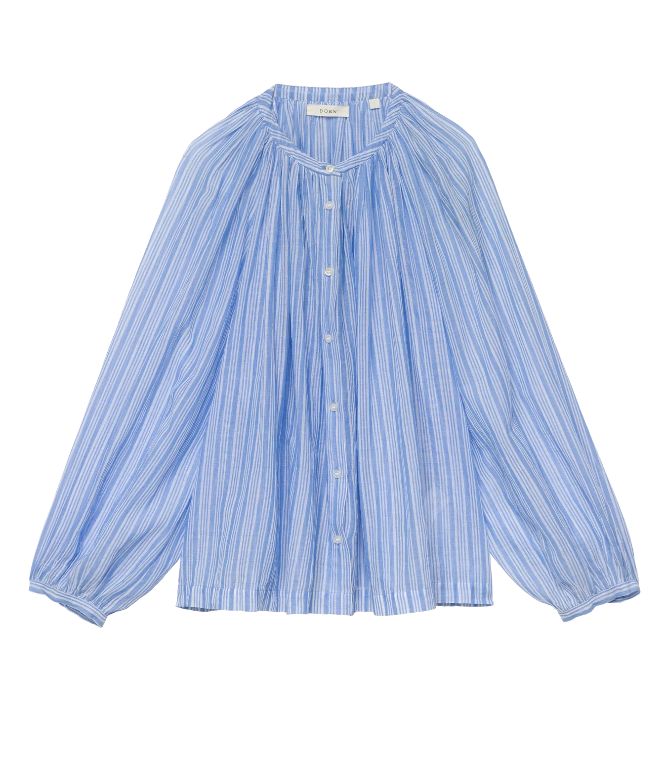 The Jonie Top by DOEN is a light blue and white Salerno Stripe long-sleeved blouse with a loose fit, gathered neckline, and button-down front, shown against a plain white background.