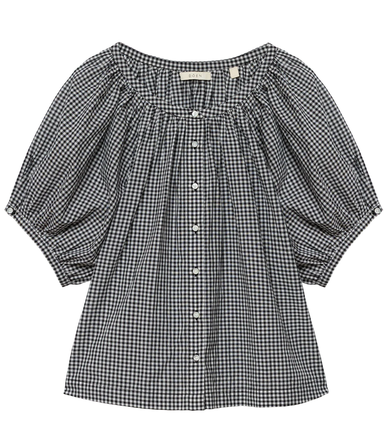 Black and white gingham blouse with short puff sleeves and front buttons by DOEN, organic cotton.