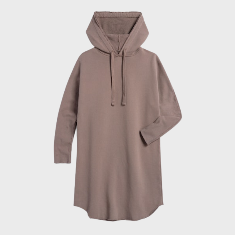 The Mini James Hoodie Cape Dress by Frank & Eileen features a relaxed fit, long sleeves, drawstring hood, taupe color, and a slightly curved hem for effortless style and comfort.