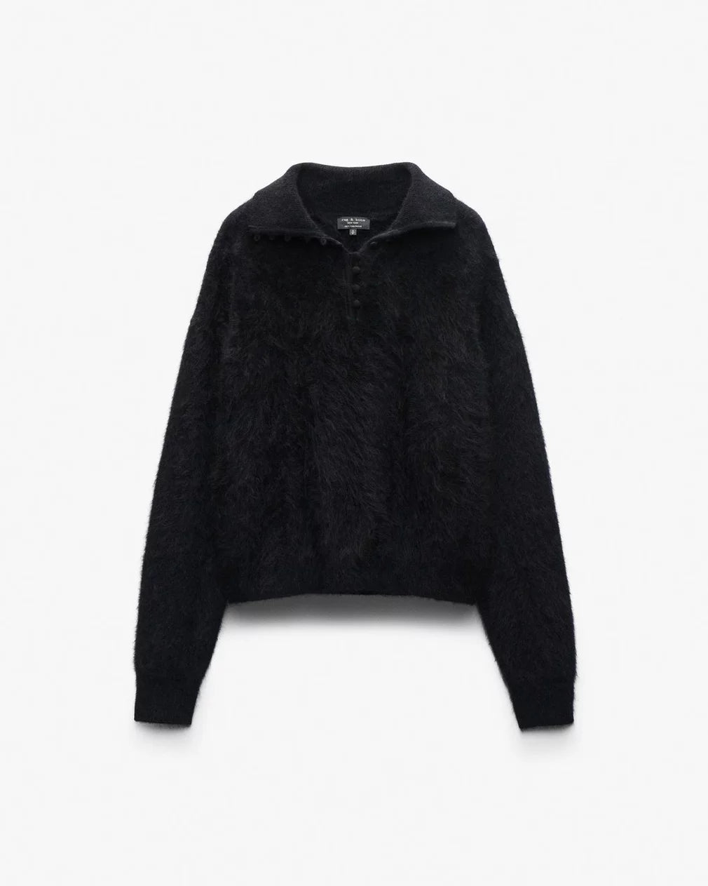 The jada brushed cashmere sweater by Rag & Bone is a black, oversized, long-sleeve pullover with a fuzzy texture, high collar, and front buttons, shown against a plain white background.