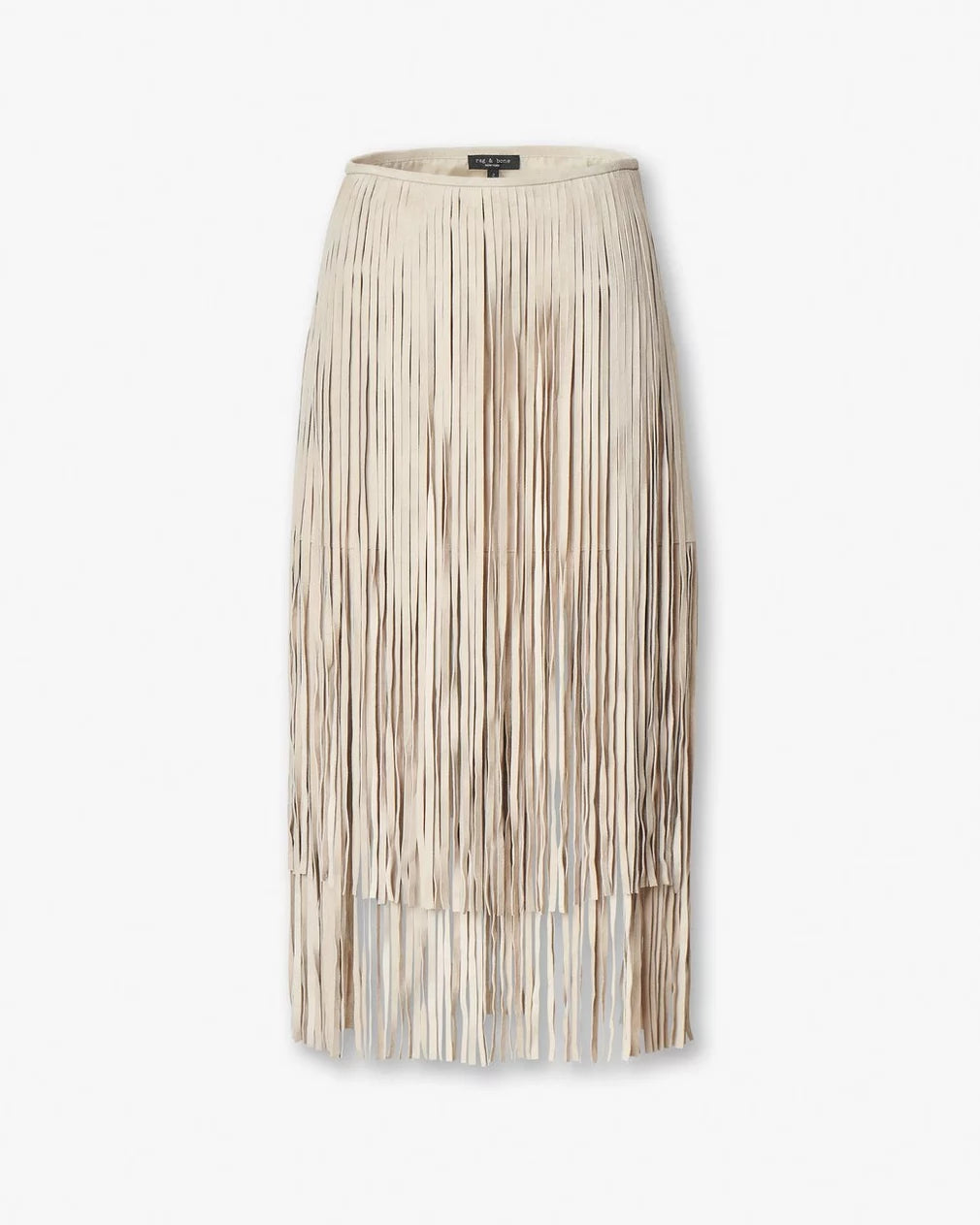 The Rag & Bone jasmine fringe skirt features long beige fringe that extends past the hem for a layered, flowing look. With a fitted waistband and smooth upper, this suede party skirt offers standout style.