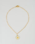 The Perry Custom necklace by PERRY Styles features a gold chain with a large daisy-shaped pendant—white petals and a yellow center—perfect for personalizing your stack, shown on a plain white background.