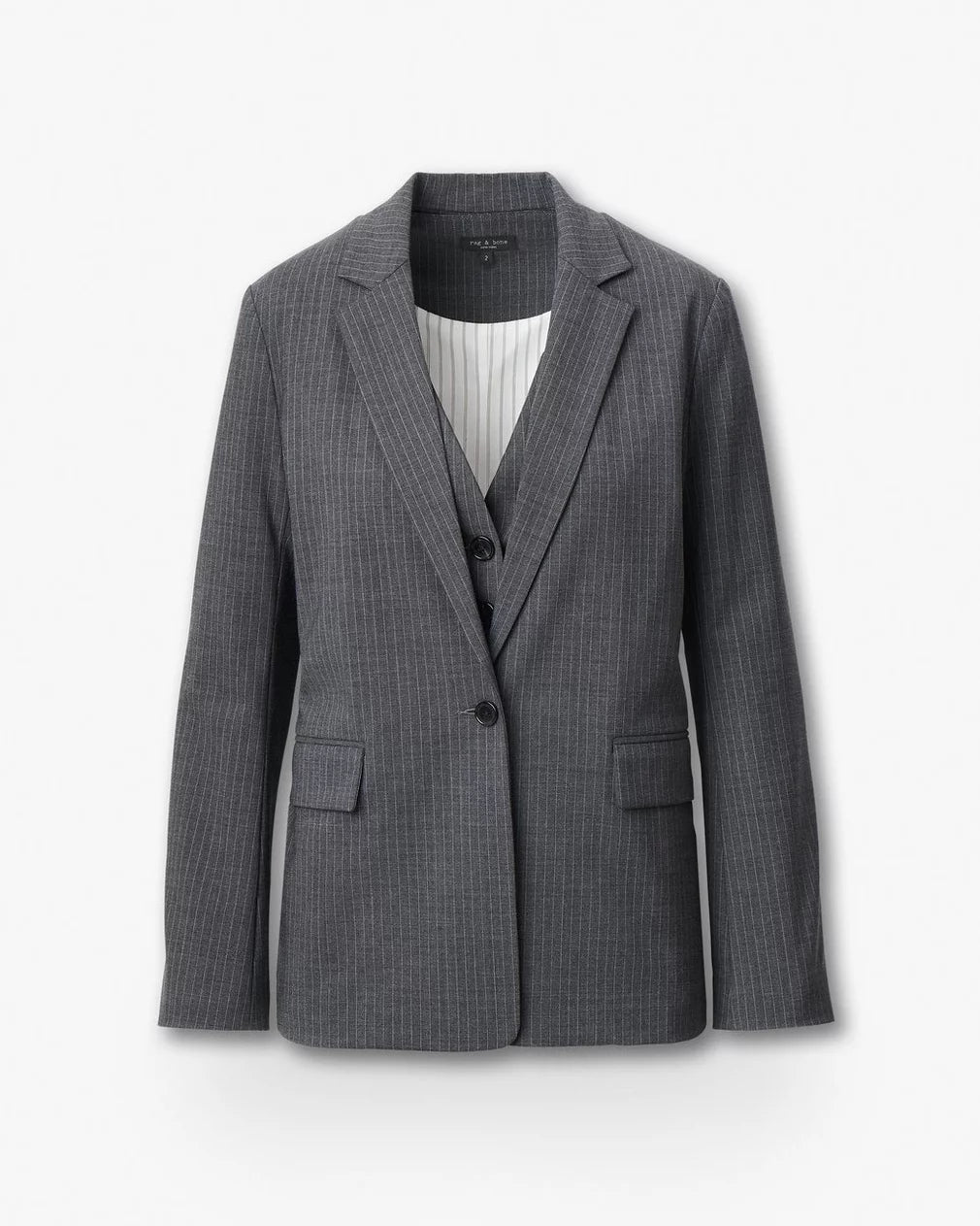 The jennifer striped combo blazer by Rag & Bone is a gray wool-blend blazer with white pinstripes, two front flap pockets, a notched lapel collar, and two buttons. Shown on a white background with visible pinstripe lining.