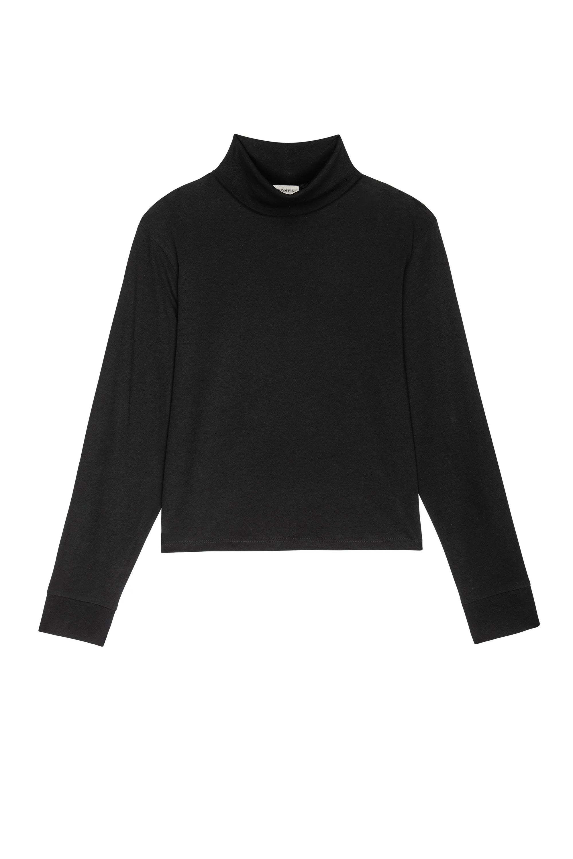 The Jersey Turtleneck by Donni is showcased against a white background. Crafted from supima cotton, the black long-sleeve top features a simple design with minimal detailing and a straight hem, highlighting its soft fabric.