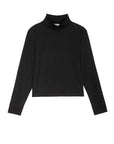 The Jersey Turtleneck by Donni is showcased against a white background. Crafted from supima cotton, the black long-sleeve top features a simple design with minimal detailing and a straight hem, highlighting its soft fabric.