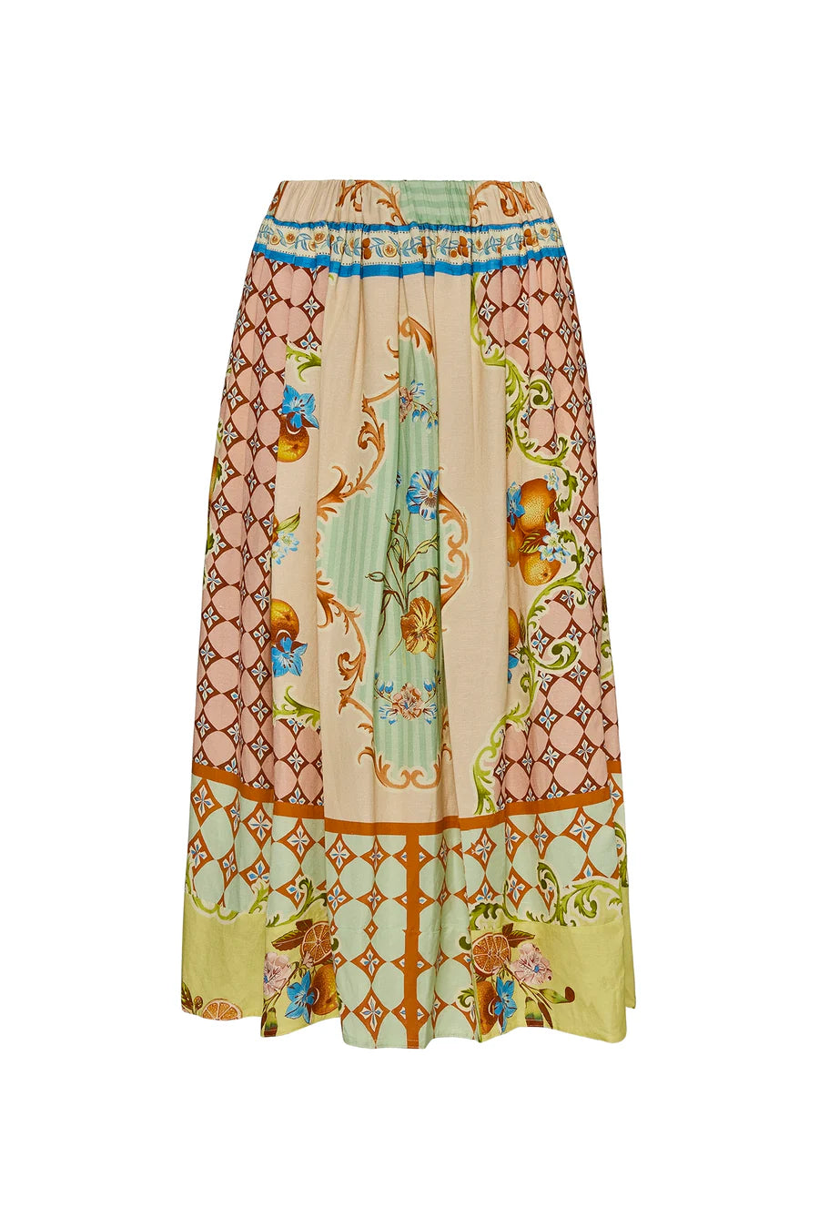 The Tatum Skirt by Hunter Bell NYC is a vibrant, knee-length piece featuring an elastic waistband and the Gasparilla Gardens print, which beautifully blends floral and geometric patterns in green, beige, blue, and orange.