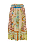 The Tatum Skirt by Hunter Bell NYC is a vibrant, knee-length piece featuring an elastic waistband and the Gasparilla Gardens print, which beautifully blends floral and geometric patterns in green, beige, blue, and orange.