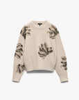 The julie sequin wool sweater by Rag & Bone is a cream relaxed fit, featuring abstract floral embroidery with green sequins and gold-toned embellishments on the front, sleeves, and shoulders.