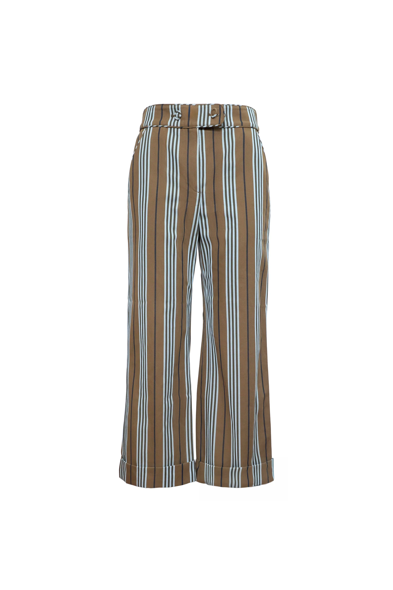 Brown striped cotton twill straight-leg pants with cuffed hems, tailored fit by Hunter Bell NYC, Juno Pant.