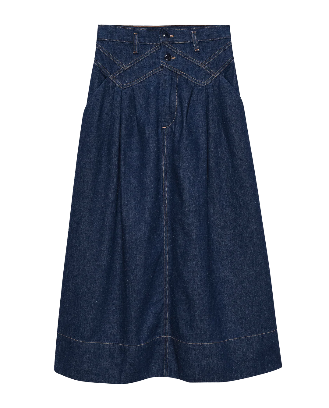 The Field Skirt F25 by The Great Inc. is a high-waisted, A-line denim skirt with vintage utility details—belt loops, front buttons, and decorative topstitching—shown laid flat on a white background.