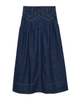 The Field Skirt F25 by The Great Inc. is a high-waisted, A-line denim skirt with vintage utility details—belt loops, front buttons, and decorative topstitching—shown laid flat on a white background.
