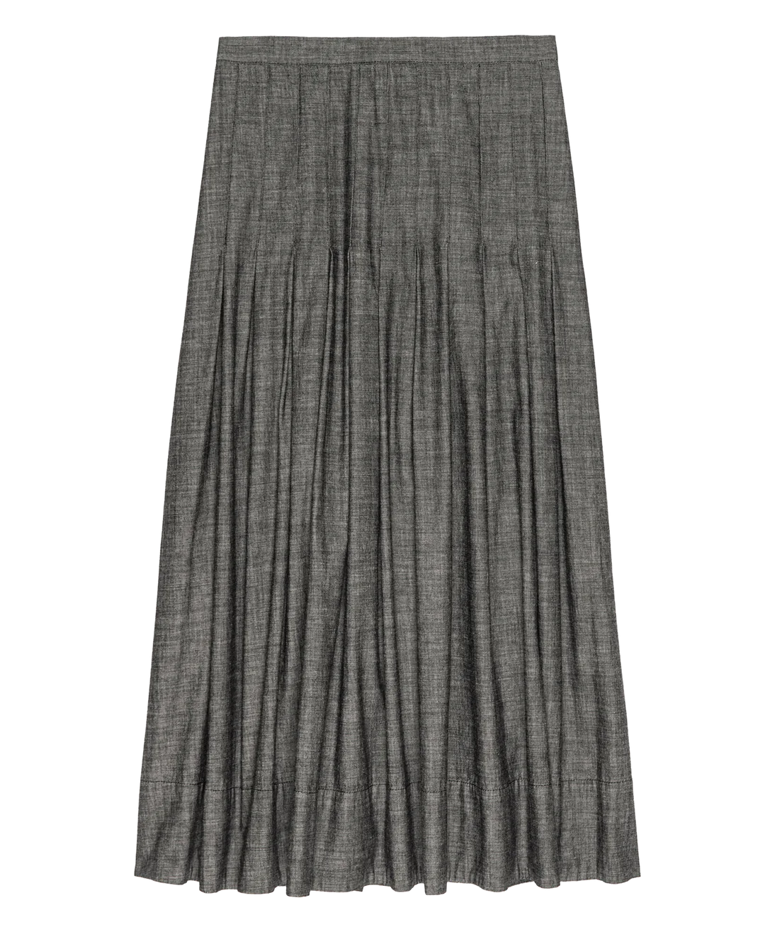 The Rhythm Skirt by The Great Inc. is a gray baby wale cord midi skirt with pleats and a loose, flowing design. Shown on a white background, its subtle sheen gives it vintage party appeal.
